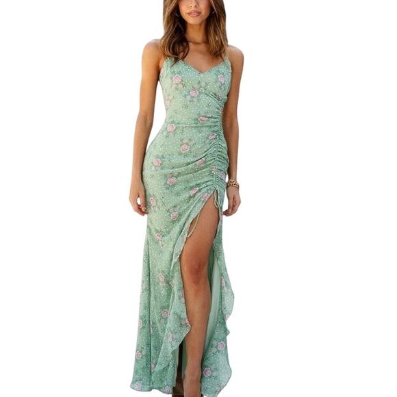 Hello Molly Green Floral High Slit Maxi Dress - 2 - Picture 1 of 7